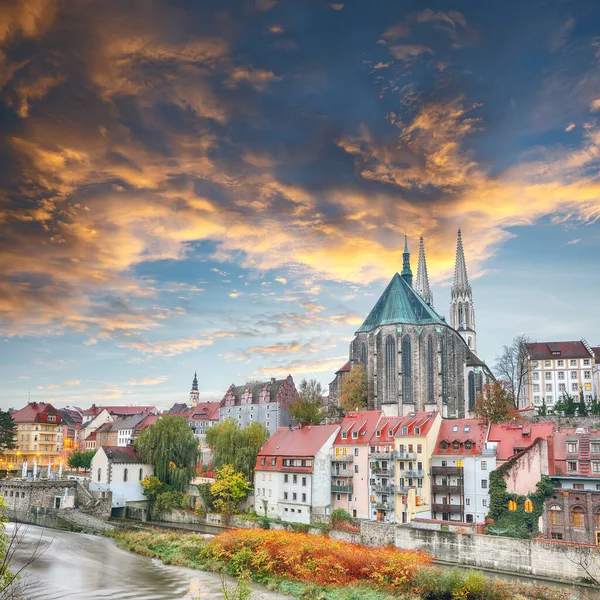 Colorful autumn cityscape of Gorlitz with parish church of St. Peter and Paul.Photographed from the Polish side. Location: Gorlitz, state of Saxony, Germany, Europe