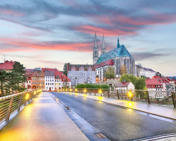 Colorful autumn cityscape of Gorlitz with parish church of St. Peter and Paul.Photographed from the Polish side. Location: Gorlitz, state of Saxony, Germany, Europe