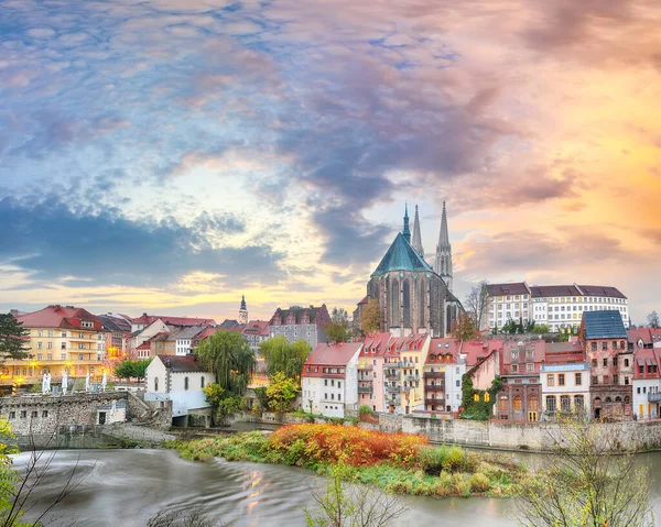 Colorful autumn cityscape of Gorlitz with parish church of St. Peter and Paul.Photographed from the Polish side. Location: Gorlitz, state of Saxony, Germany, Europe