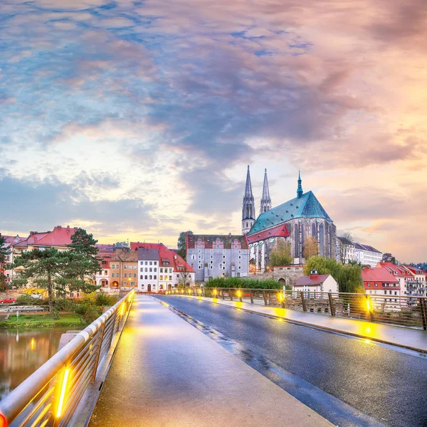 Colorful autumn cityscape of Gorlitz with parish church of St. Peter and Paul.Photographed from the Polish side. Location: Gorlitz, state of Saxony, Germany, Europe
