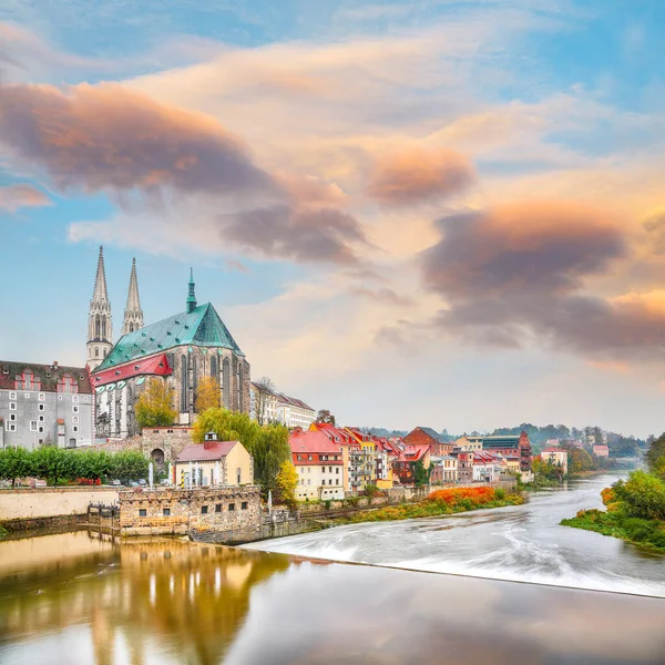 Colorful autumn cityscape of Gorlitz with parish church of St. Peter and Paul.Photographed from the Polish side. Location: Gorlitz, state of Saxony, Germany, Europe