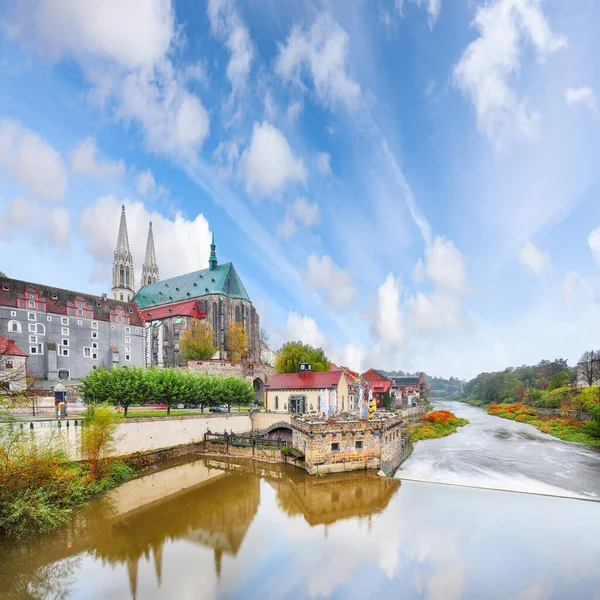 Colorful autumn cityscape of Gorlitz with parish church of St. Peter and Paul.Photographed from the Polish side. Location: Gorlitz, state of Saxony, Germany, Europe