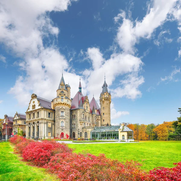 Fabulous autumn landscape with Moszna Castle. Popular tourist destination. Location: Moszna, Opolskie Voivodeship, Poland, Europe