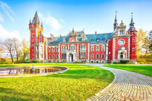 Breathtaking autumn landscape with Plawniowice palace. Popular tourist destination. Location: Plawniowice, Upper Silesia, Poland, Europe