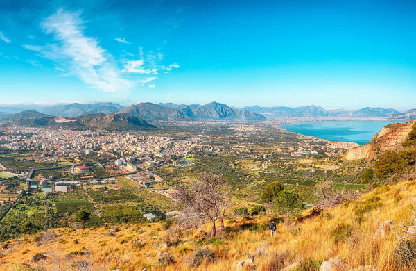 Fabulous morning cityscape of Bagheria town and national park Orientata Pizzo Cane. Location: Bagheria, Province of Palermo, Sicily, Italy, Europe