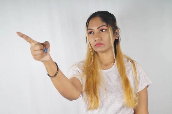 Angry Woman Pointing Away While Standing White Background — Stock Photo, Image