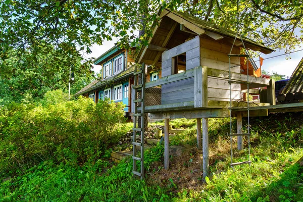 Ormanda merdiveni olan çocuklar için ahşap oyun evi.