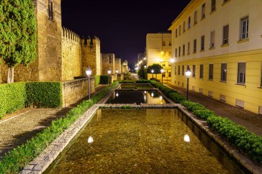 Geceleri bahçe ve fıskiyelerle dolu bir duvar boyunca aydınlık cadde. Cordoba, İspanya.