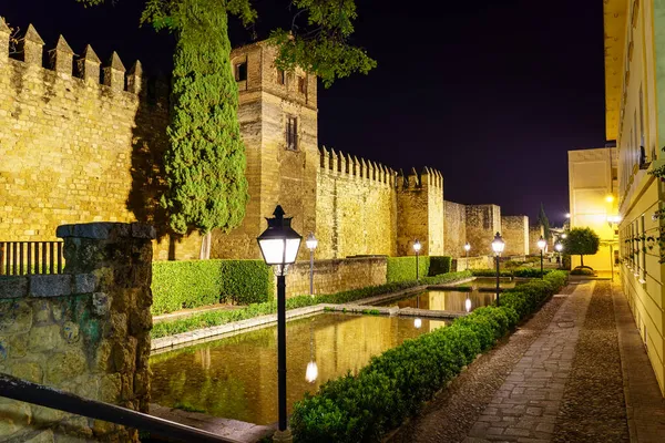 Verlichte Straat Nachts Langs Muur Met Tuinen Fonteinen Cordoba Spanje — Stockfoto