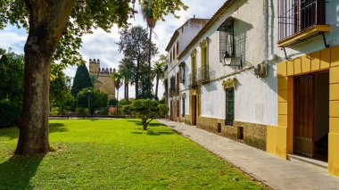 Büyük ağaçları ve yeşil çimen bahçeleri olan tipik Endülüs evleri. İspanya.