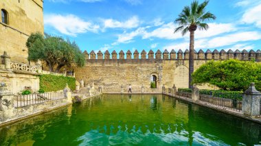 İspanya, Cordoba 'nın ortaçağ Alcazar' ının bahçelerinde yürüyen bir kadın..
