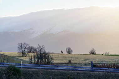 Altın dağ, kış manzarasında gün doğumu. Ağaçlar ve arka planda kar..