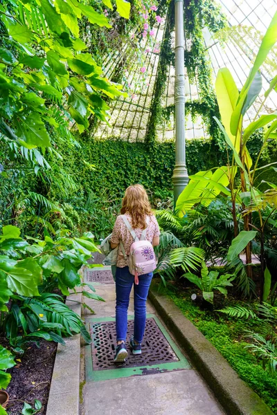 Kocaman yeşil bitkilerle büyük bir seranın içinde yürüyen bir kadın..