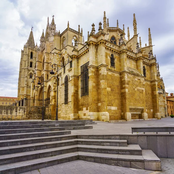 Impresionante Catedral Gótica Ciudad León Con Escalera Entrada — Foto de Stock