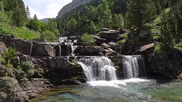 西班牙比利牛斯山脉格拉达斯德索阿索的岩石上的清澈清澈的水瀑布 — 图库视频影像