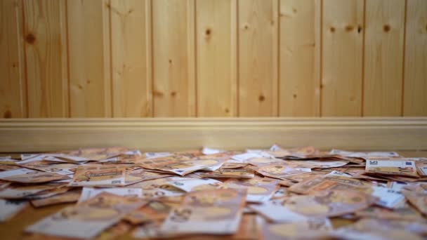 Many Fifty Euro Bills Falling Ground Slow Motion — Stock Video