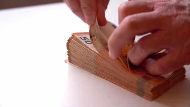 Hands Man Quickly Counting Huge Stack Fifty Euro Bills — Stock Video