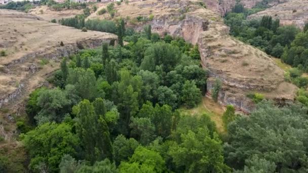 Roślinność Podnóża Wzgórz Których Znajduje Się Średniowieczna Wioska Sepulveda Hiszpanii — Wideo stockowe
