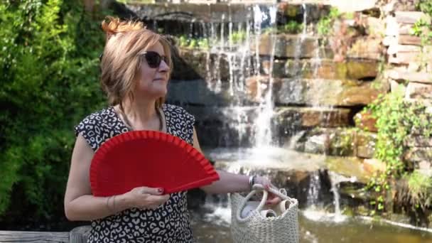 Woman Fanning Slowly Small Waterfall Fresh Water Background Slowmotion — Stock video