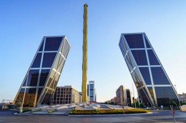 Inclined skyscrapers of business offices in Plaza Castilla in Madrid, gateway to Europe, Spain