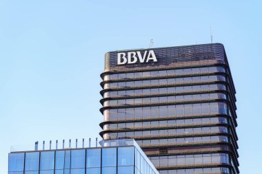 Madrid, Spain - July 30, 2022: Steel and glass skyscrapers headquarters the multinational BBVA in the city of Madrid, Spain