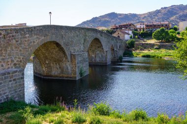 Medieval stone bridge over the River Tormes as it passes through the old village of Barco de Avila, Spain