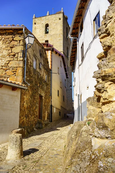 Narrow Alley Its Picturesque Old Houses Tower Village Church Background — Foto de Stock