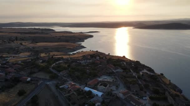 Drone Flight Town Old Stone Houses Edge Golden Lake Sunset — Stock Video