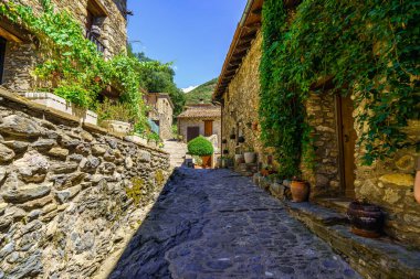 Picturesque alley with houses made of stone and pots with flowers in the medieval village of Beget, Girona, Catalonia