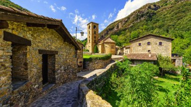 Spectacular mountain village with old houses made of stone and Romanesque church with bell tower, Beget, Girona, Catalonia