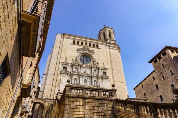 Girona Cathedral Its Impressive Facade Huge Staircase Entrance Temple Catalonia — Stock fotografie