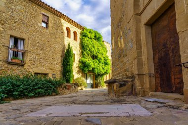 Madremanya, Girona, Katalonya 'daki ortaçağ köyünde tırmanma tesisleri ve ahşap kapıları olan Idyllic taş binaları