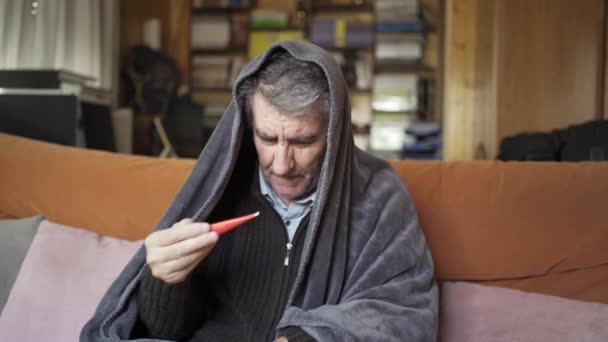 Senior Man Taking His Temperature Thermometer Surprised High Fever Has — Stock Video