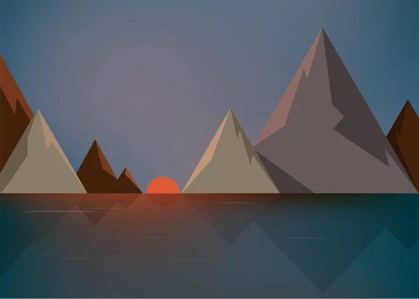 Beau paysage nocturne, coucher de soleil entouré de montagnes et rivière — Image vectorielle