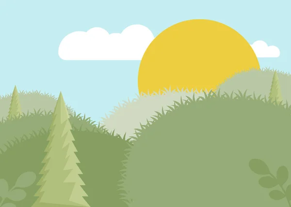 优美的平面风景 草木覆盖的草地 背景是阳光 — 图库矢量图片