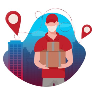 Elinde kutular olan tıbbi maskeli bir kurye. COVID-19 'a erzak ve mal teslimatı. Varış noktası. Vektör resmi