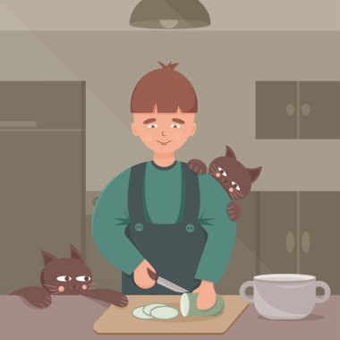 Yemek pişirme süreci. Adam mutfakta sebze kesiyor, sebze iliği, salatalık, kedilerle çevrili. Vektör resmi