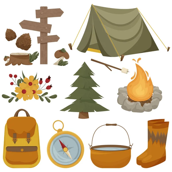 Set Camping Hiking Vector Illustration Backpack Compass Tent Tourist Bowler — Stock Vector