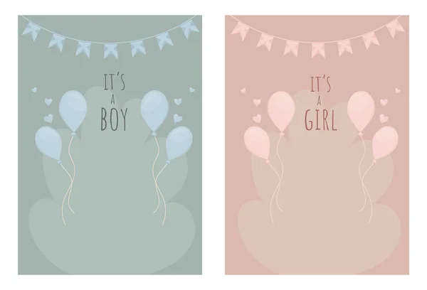 Greeting Card Balloons Birth Child Boy Girl Blue Pink Background — Stock Vector