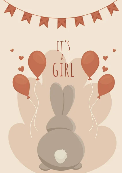 Greeting Card Newborn Its Girl Bunny Pink Balloons Vector Image — Stock Vector