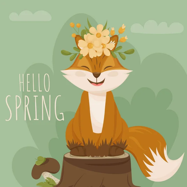 Hello Spring Funny Fox Sits Tree Stump Wreaths Flowers Its — Stock Vector