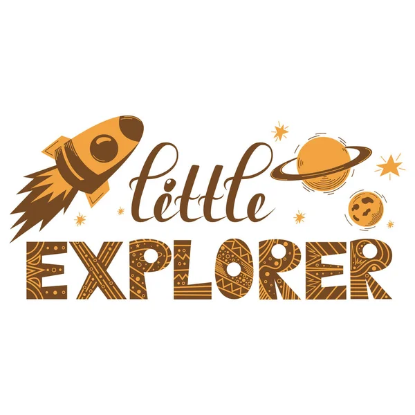 Little Explorer Vector Text Lettering Rocket Planets Stars Transparent Background — Stock Vector