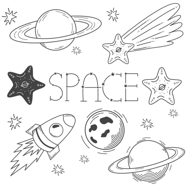 Space Set Collection Vector Illustration Planet Shooting Star Rocket Transparent — Stock Vector