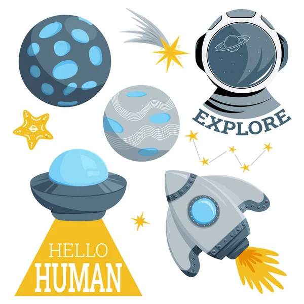 Set Space Stickers Elements Astronaut Helmet Flying Saucer Ufo Rocket — Stock Vector