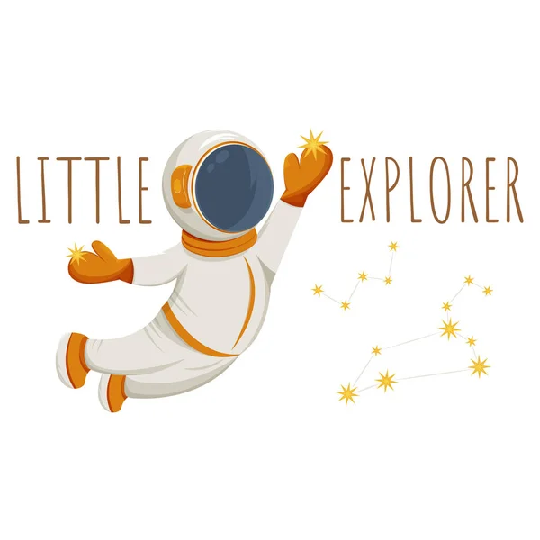 Little Explorer Phrase Text Astronaut Helmet Flies Holds Stars His — Stock Vector