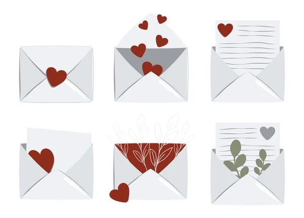 Set Enveloppen Met Brief Hart Bloemen Fijne Valentijnsdag Liefde Vector — Stockvector