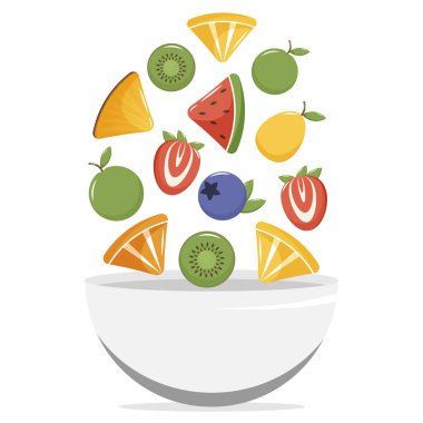 Meyve salatası malzemeleri bir kaseye, tabağa, portakal, karpuz, ananas, yabanmersini, elma, armut, kivi, çilek, limon dilimlerinden oluşur. Faydalı ürünler, pişirme süreci