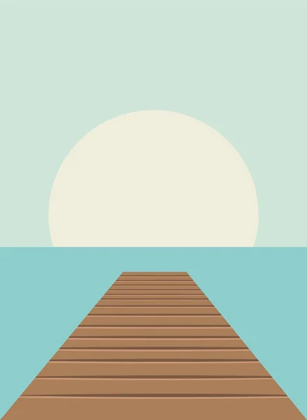Морський Літній Фон Пірс Узбережжя Велике Сонце Небі Пастельних Тонах — стоковий вектор
