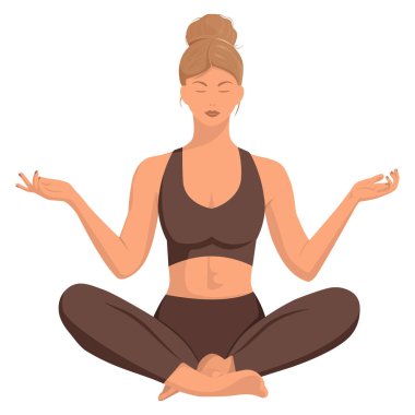Açık tenli güzel bir kız lotus pozisyonunda oturur ve meditasyon yapar, yoga yapar. Vektör illüstrasyonu beyaz arkaplanda izole edildi