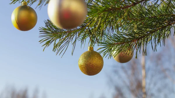 Bolas Oro Árbol Navidad Invierno Fondo Del Cielo Azul Aire —  Fotos de Stock